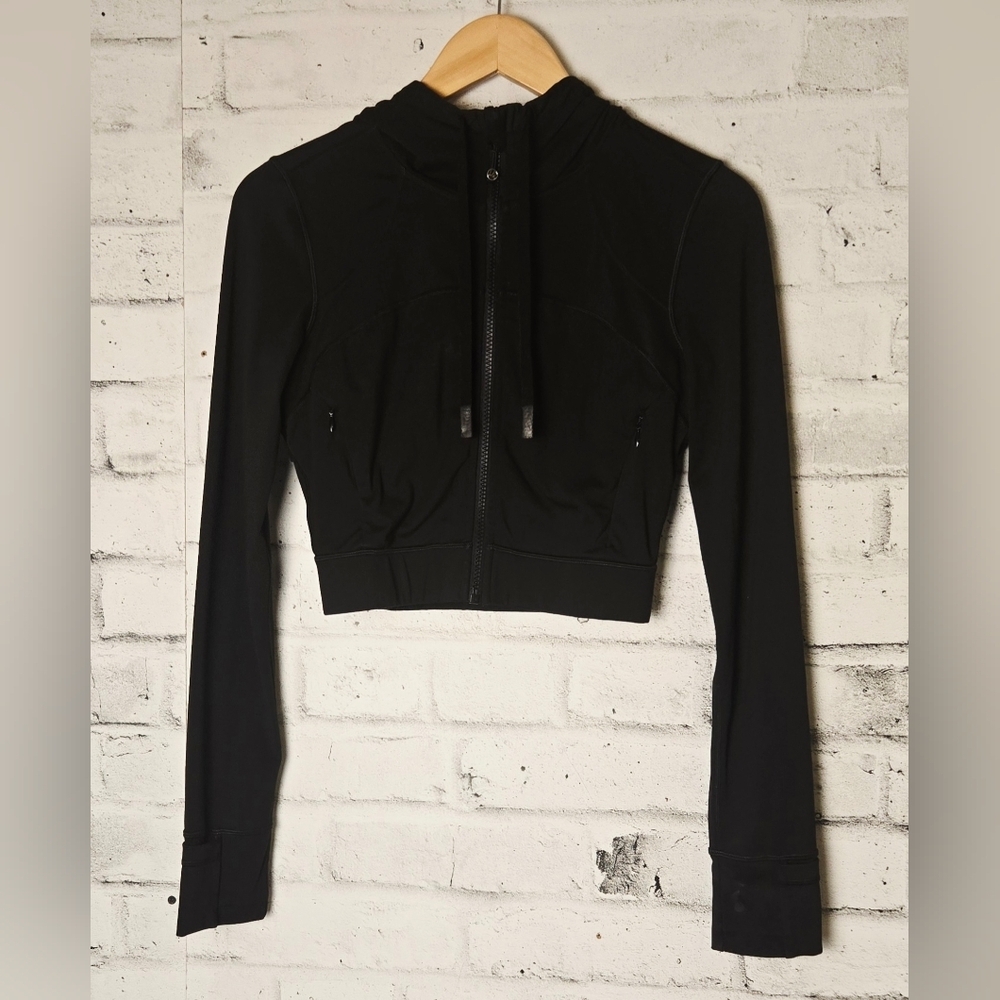 QueenieKe Black Cropped Zip Hoodie Jacket Size S | Women’s Athletic Activewear